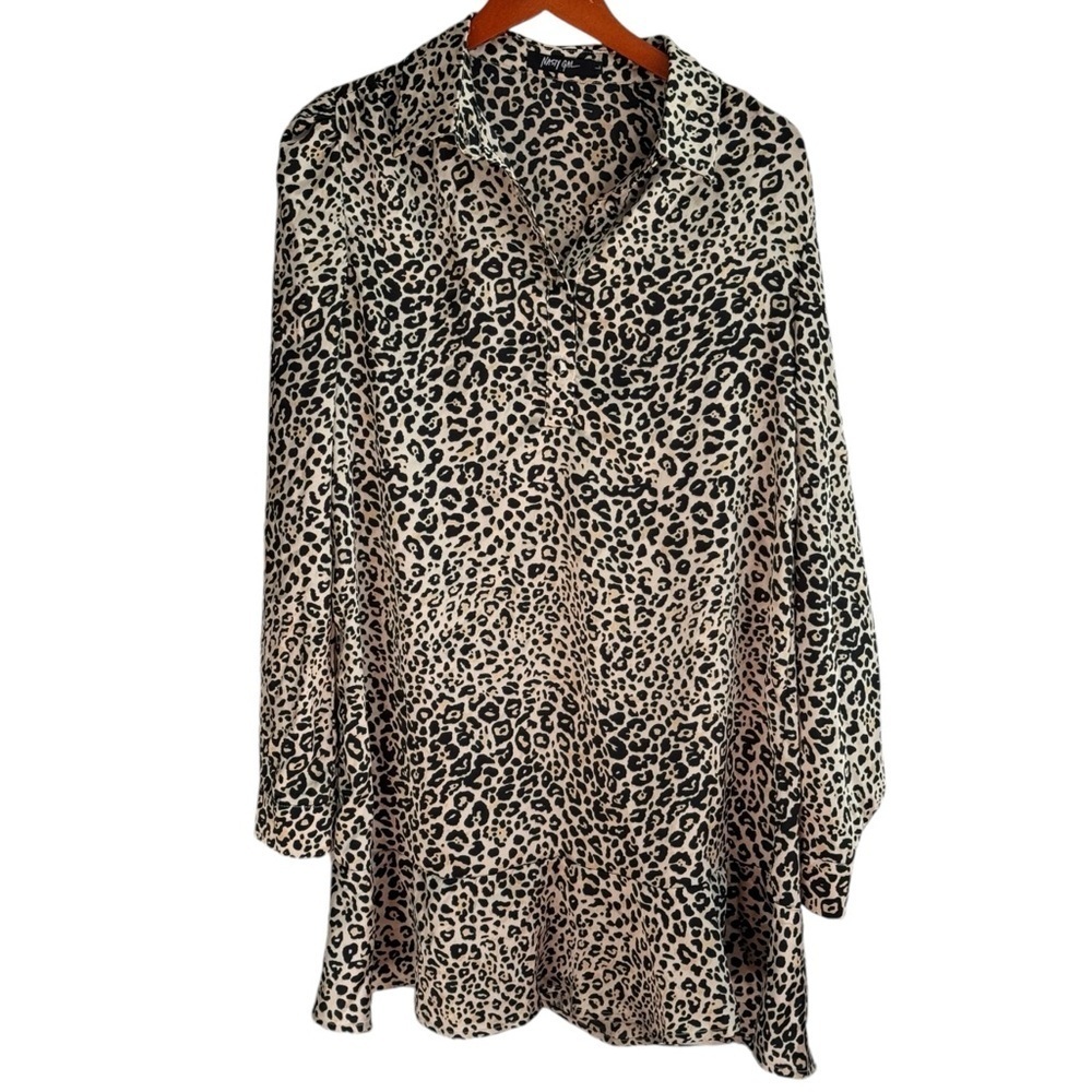 NastyGal Shirt Dress Leopard Print Puff Shoulder Long Sleeve Half Button size L